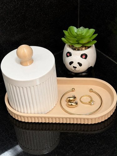 Kit Organizador Multiuso Com Bandeja Oval E Pote Canelado Branco